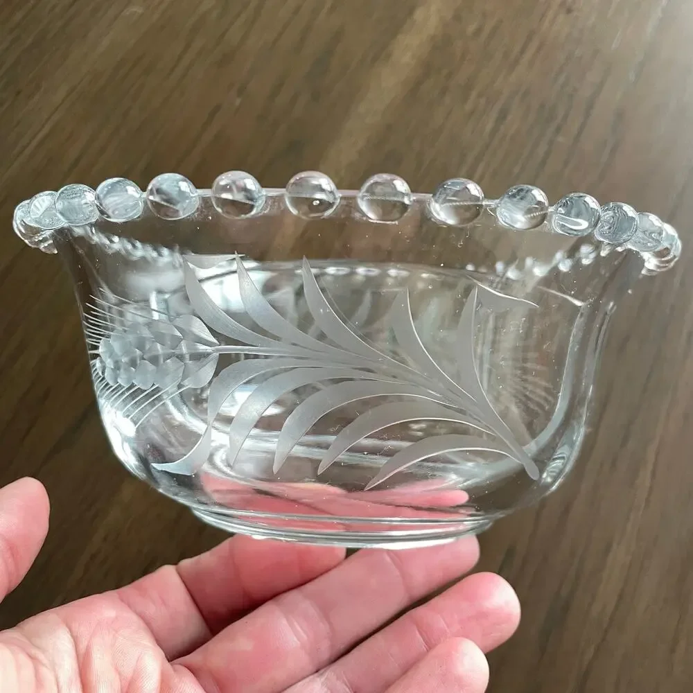 Imperial Candlewick Divided Etched Glass Bowl Bead Edge Wheat Serving Elegant